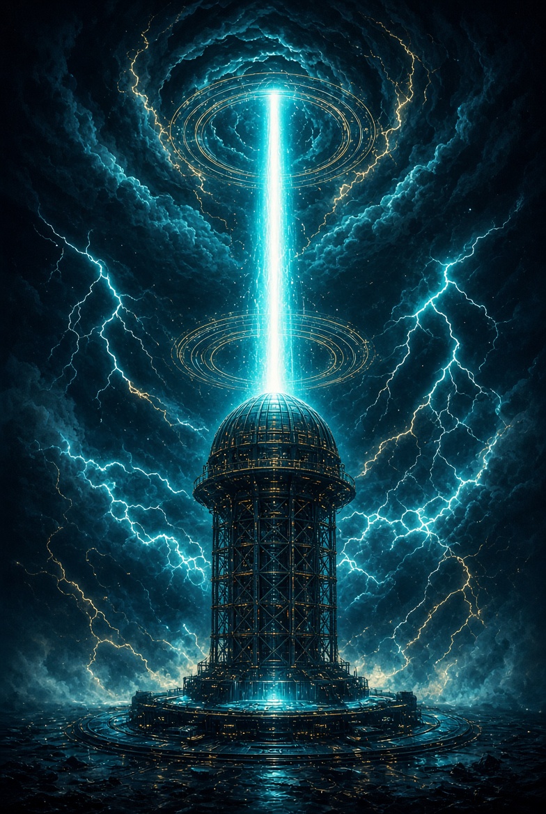Lightning striking a glowing transmission tower